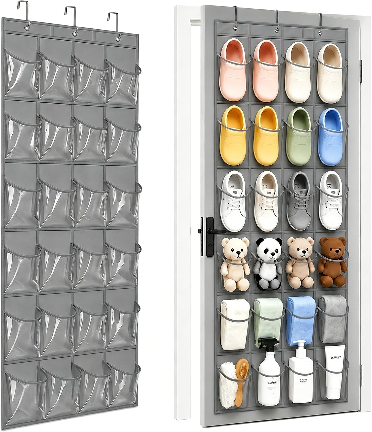 Over the Door Shoe Organizer with 24 Crystal Clear Pockets and Metal Hooks – Heavy Duty Hanging Shoe Storage Rack for Closet, Bathroom, Dorm – Space Saving for Shoes, Accessories, Toys (White)