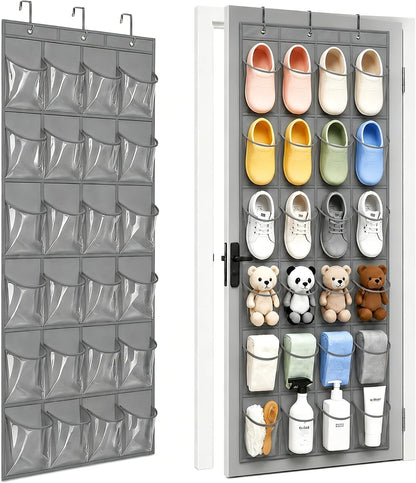 Over the Door Shoe Organizer with 24 Crystal Clear Pockets and Metal Hooks – Heavy Duty Hanging Shoe Storage Rack for Closet, Bathroom, Dorm – Space Saving for Shoes, Accessories, Toys (White)