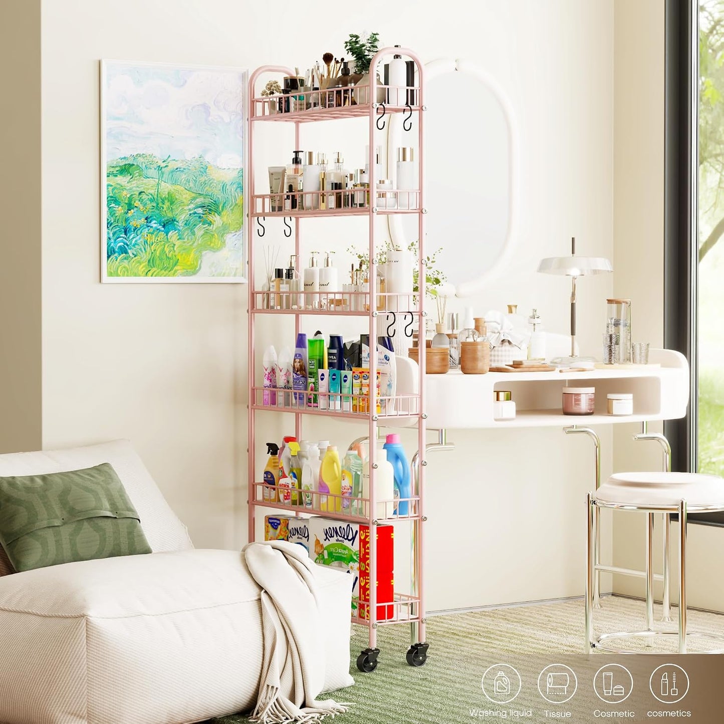 6-Tier Slim Storage Cart, Rolling Kitchen Cart with Wheels | Narrow Metal Shelf Organizer with Hooks for Kitchen, Bathroom, Living Room, Laundry, Small Spaces, Black, 6 in