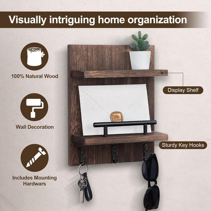 Key Holder Wall Mount, Mail Shelf Decor with 3 Key Hooks, Versatile Wood Wall Organizer for Entryway Hallway (8.2” x 10.6”x 3.6”) (White)