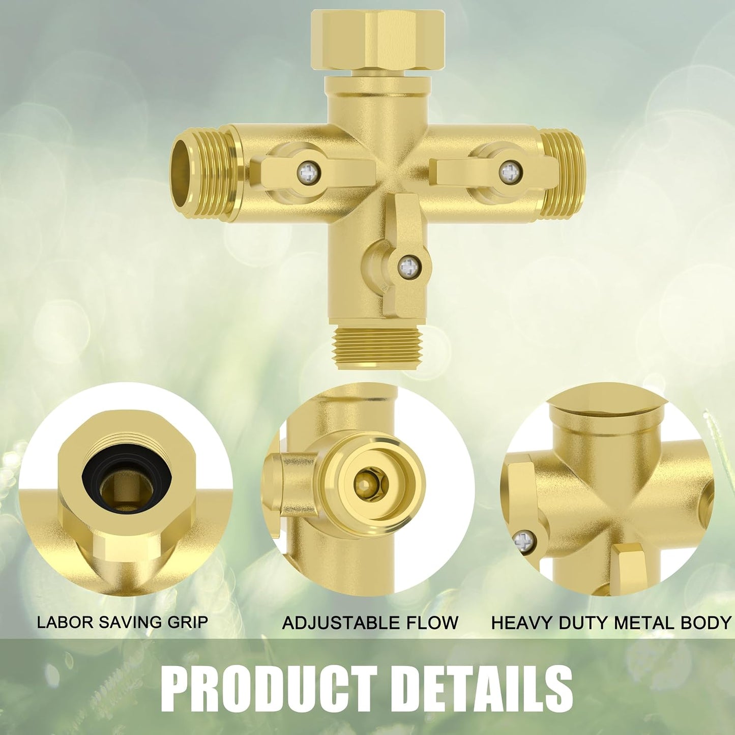 YANWOO Heavy Duty Metal 3 Way + Type Garden Hose Splitter with Shut-Off Valves, 3/4" High Flow Spigot Faucet Connectors with 4 Extra Silicone Washers(Golden)