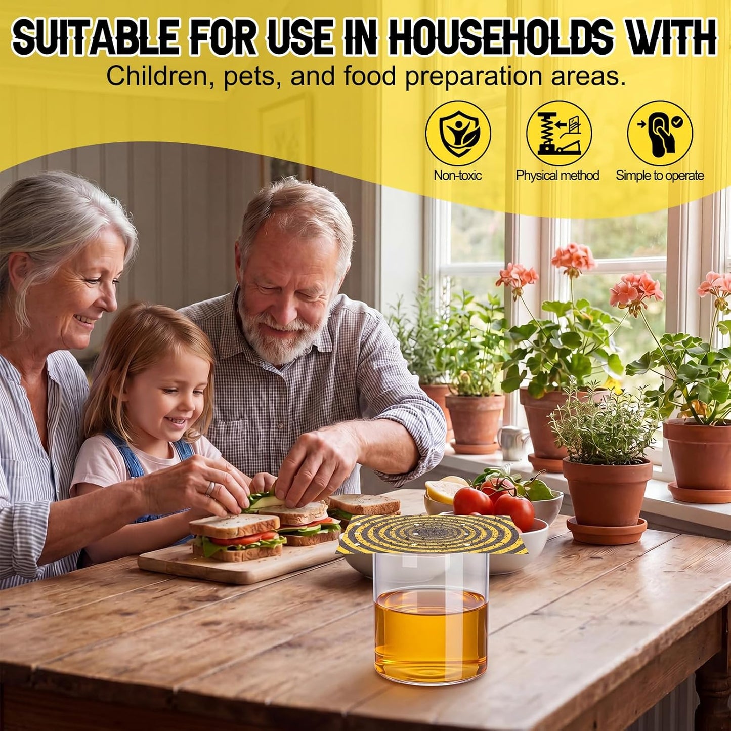 100 Pack Fruit Fly Trap Covers, Single-Sided Sticky Paper Lids, 8 Vent Holes for Vinegar/Wine Bait, Fits Cups & Jars for Indoor Kitchen & Pantry Gnat Control (Round,Yellow)