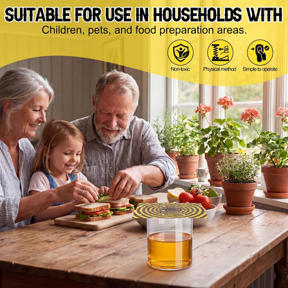 100 Pack Fruit Fly Trap Covers, Single-Sided Sticky Paper Lids, 8 Vent Holes for Vinegar/Wine Bait, Fits Cups & Jars for Indoor Kitchen & Pantry Gnat Control (Round,Yellow)