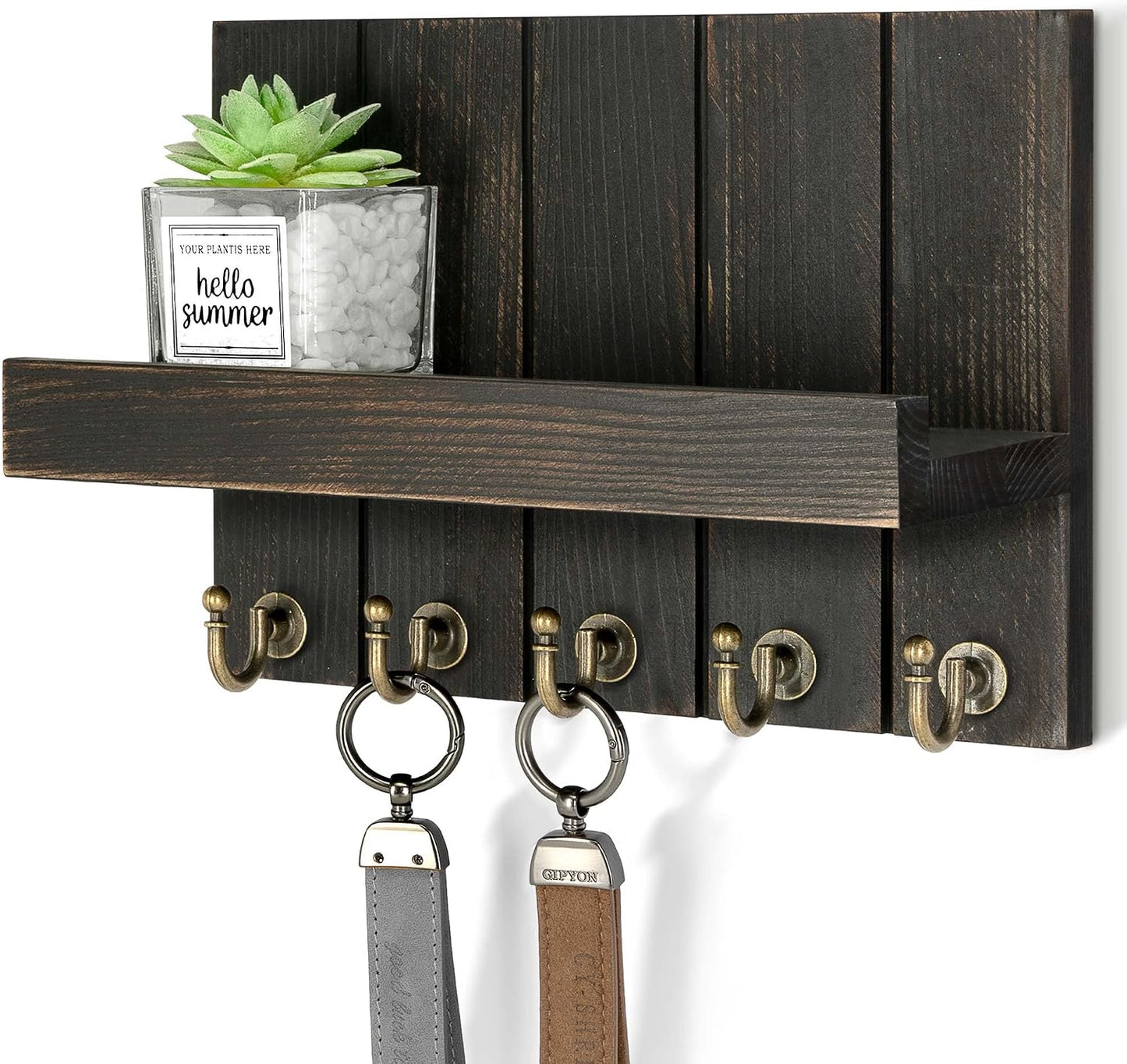 Rebee Vision Decorative Key Holder Wall Mount - Rustic Key Holder for Wall with Shelf and Mail Organizer for Living Room Decor - Home Essentials for Home Improvement (Brown, 3.54" x 10" x 7.28")