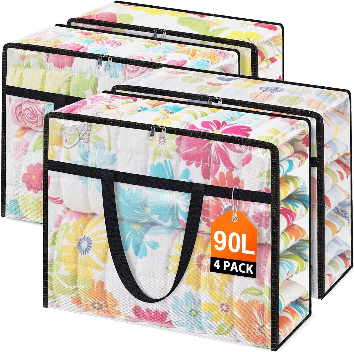 4 Packs Clear Under Bed Storage Containers - 60 L Large Capacity Clothes Storage Bags with Lid & Sturdy Handles, Foldable Moving Bags, Clothing Organizer Totes for Bedding, Comforter, Sheet