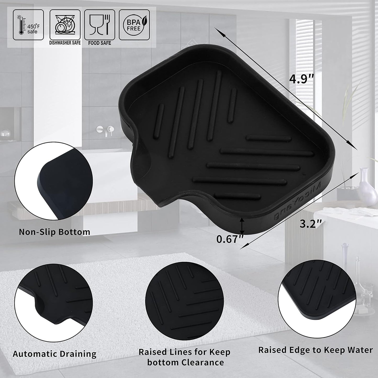 MicoYang Silicone Bathroom Soap Dishes with Drain Spout-Bathroom and Kitchen Sink Organizer,Sponge Holder,Dish Soap Tray,Perfect for Dispenser,Scrubber,Bottle,Cup on Sink or Counter-Coffee 4.9"×3.2"