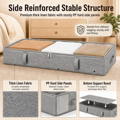 Vailando Side-Supported Under Bed Storage Containers, 6 Inches Tall 60L Underbed Storage Bins with Sturdy Handles and Sidewalls, Closet Organizer for Clothes, Blankets, Seasonal Items, Beige, 2-Pack