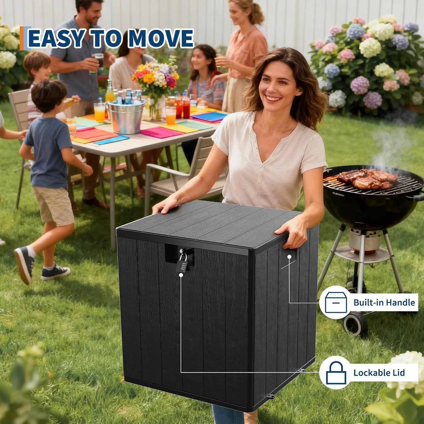 28-Gallon Waterproof Outdoor Storage Box, Lockable Resin Deck Box with Lid, Patio Storage Bin for Pool, Garden Tools & Backyard, All-Weather Protection, Black Wicker