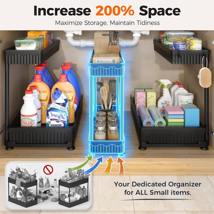 Sevenblue 3 Pack Multi-Purpose Pull-Out Storage Organizers, 2-Tier L-Shaped Under Sink/Cabinet Organizers and Storage for Bathroom & Kitchen, (Black, 12.85 Inches)