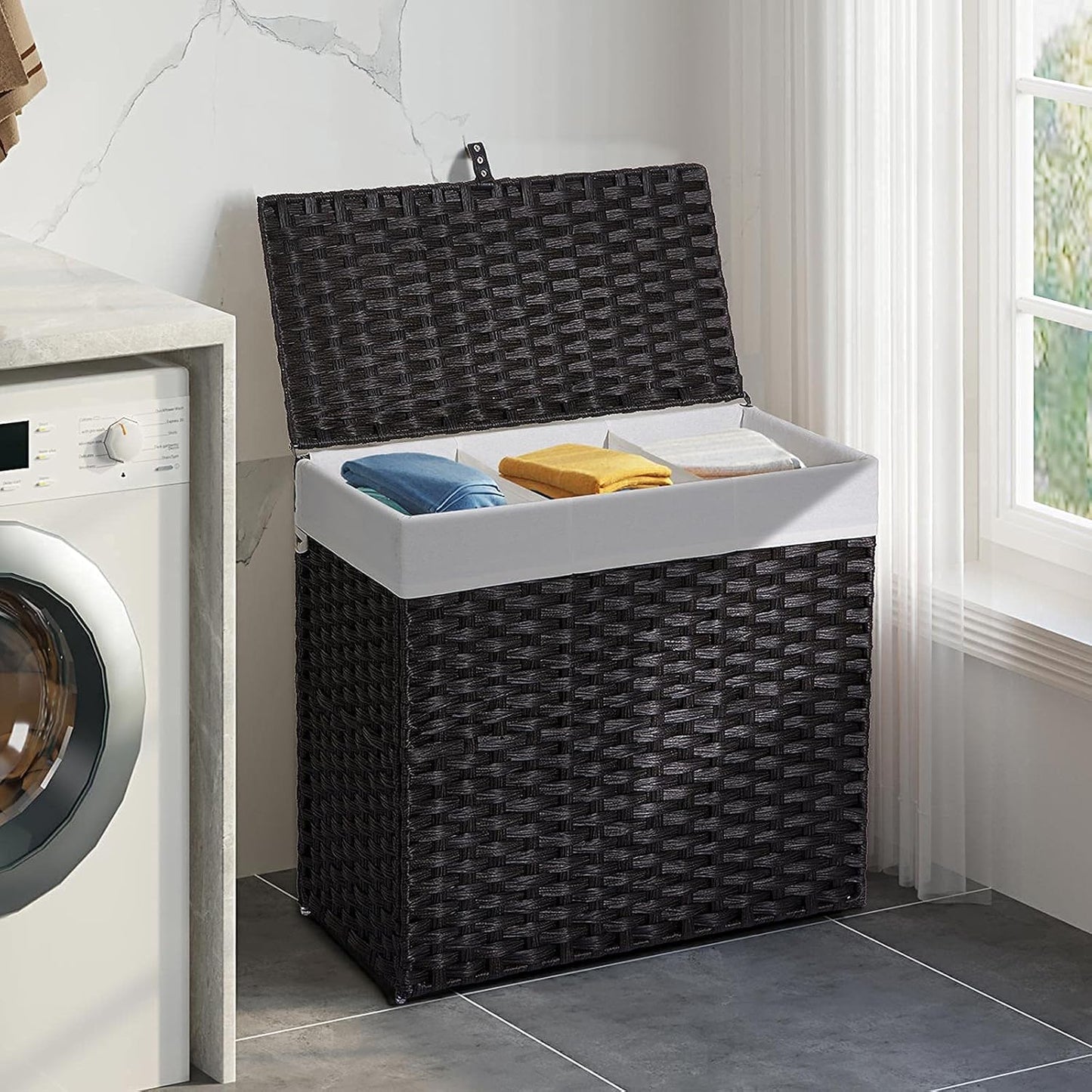 Greenstell Laundry Hamper with Lid, 125L Wicker Laundry Baskets with 2 Removable Liner Bags & 5 Mesh Laundry Bags, Handwoven Rattan Clothes Hamper with Handles for Clothes in Bathroom, Bedroom