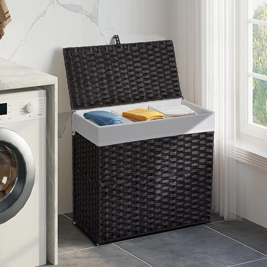 Greenstell Laundry Hamper with Lid, 125L Wicker Laundry Baskets with 2 Removable Liner Bags & 5 Mesh Laundry Bags, Handwoven Rattan Clothes Hamper with Handles for Clothes in Bathroom, Bedroom