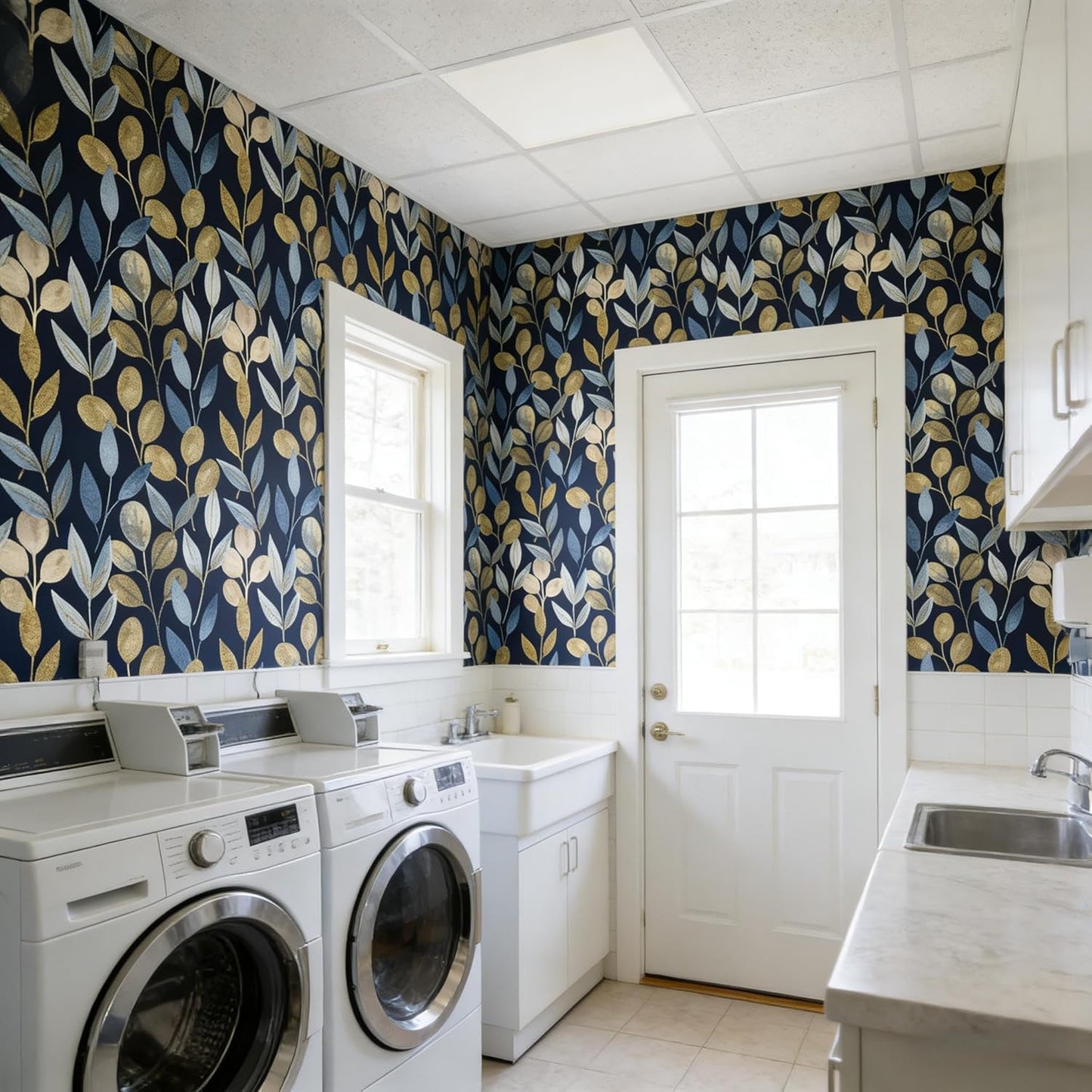 Blue Gold Leaf Peel and Stick Wallpaper Modern Self Adhesive Contact Paper Waterproof Removable Wall Paper for Bathroom Living Room 17.7"x70.8" Luxury Decorative Wallpaper