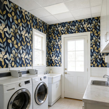 Blue Gold Leaf Peel and Stick Wallpaper Modern Self Adhesive Contact Paper Waterproof Removable Wall Paper for Bathroom Living Room 17.7"x70.8" Luxury Decorative Wallpaper