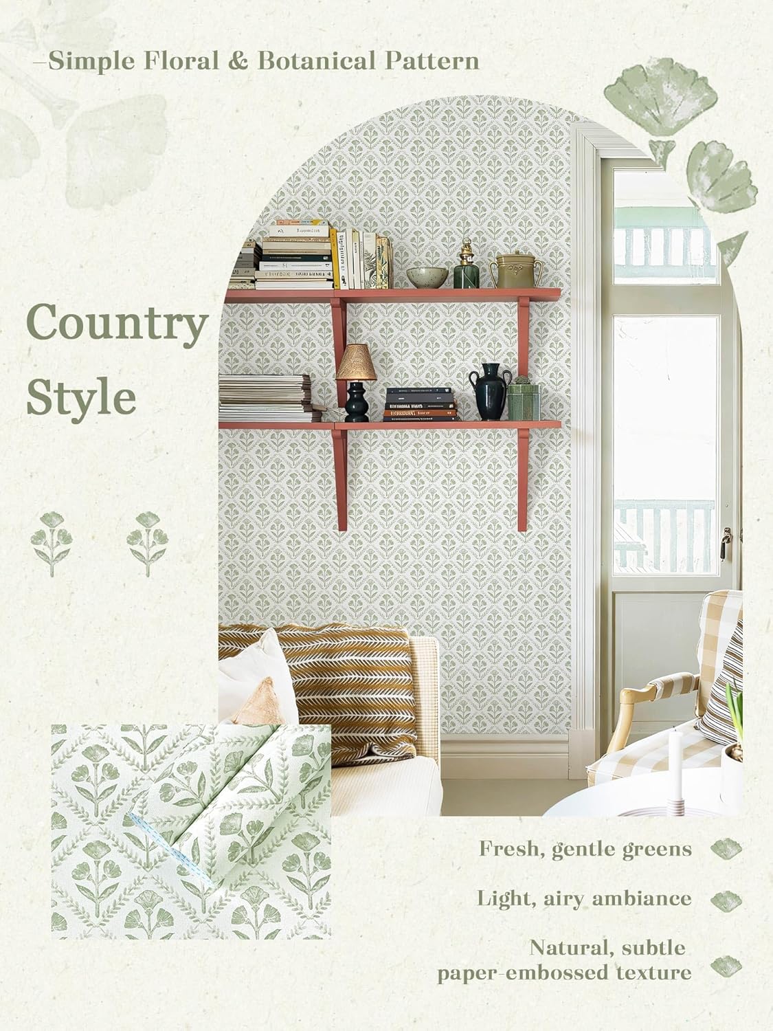 Dimoon 17.3''x78.7'' Peel and Stick Wallpaper Floral Cute Contact Paper Vintage Village Country Cottage Wallpaper Farmhouse Yellow Beige Renter Friendly Geometry Waterproof Embossed Kitchen Bedroom