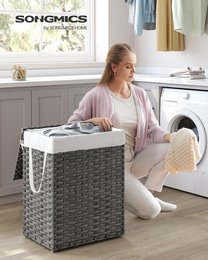 SONGMICS Laundry Hamper with Lid, 23.8 Gallon (90 L) Synthetic Rattan Clothes Laundry Basket with Lid and Handles, Foldable, Removable Liner, Chestnut Brown ULCB051K02