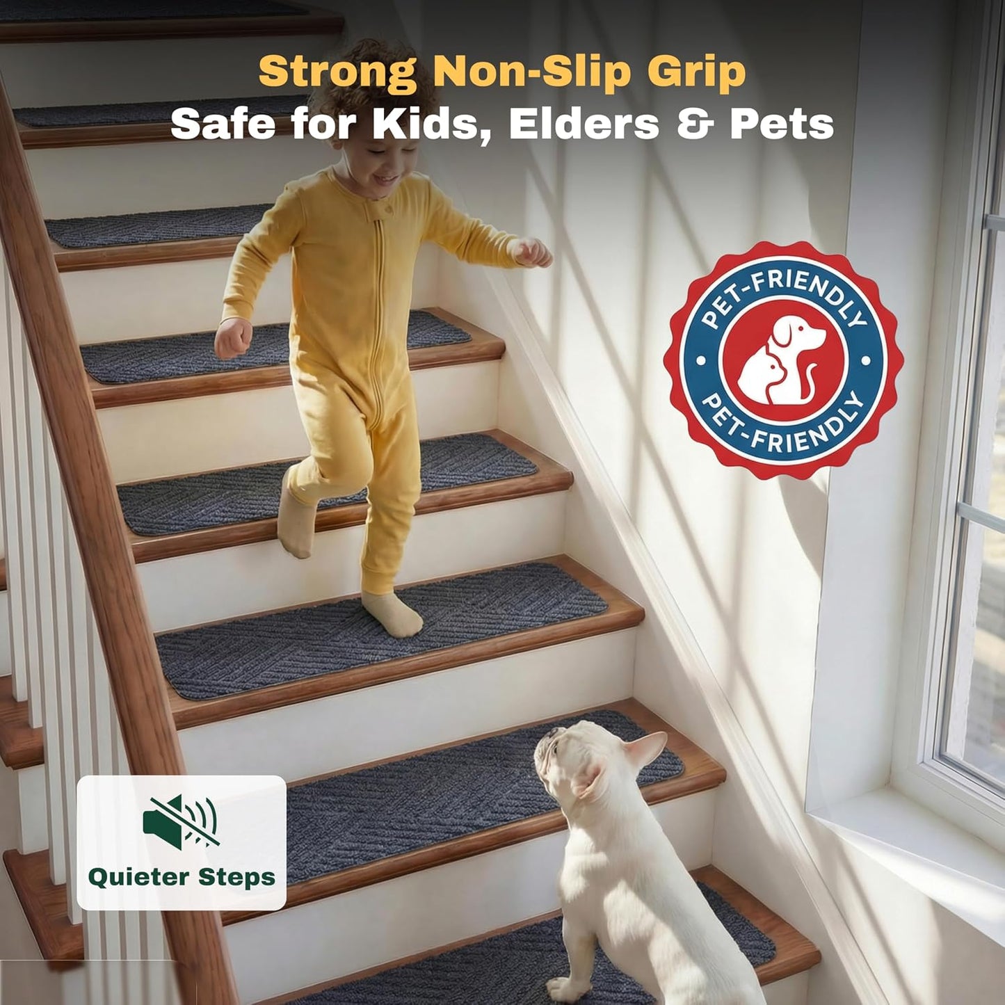 MBIGM 8" X 30" (15 in Pack) Non-Slip Carpet Stair Treads Non-Skid Safety Rug Slip Resistant Indoor Runner for Kids Elders & Pets with Reusable Adhesive - Dark Gray Diamond Weave