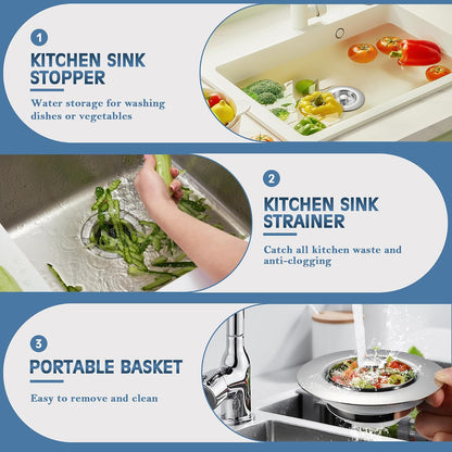 Sink Drain Strainer 3 in 1, 304 Stainless Steel Pop Up Kitchen Sink Stopper with Anti-Clogging Basket, Kitchen Essential Drain Anti-Clog Gadgets, Fits US Standard 3-1/2'' Sink Drain (SUS 304 Brushed)