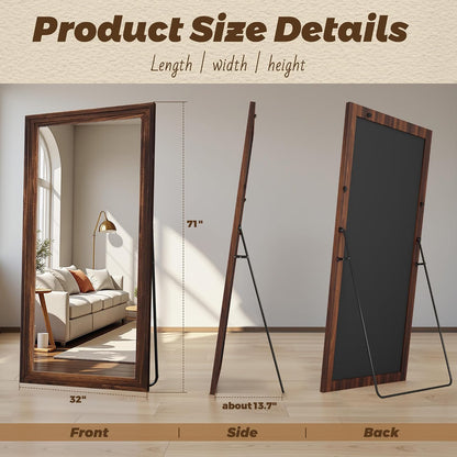 Antok Full Length Mirror with Solid Wood Frame, 71"×32" Wall Mounted Oversized Floor Mirror with Stand, Leaning Standing Hanging for Bedroom Living Room Entryway, Walnut, Arched Syle