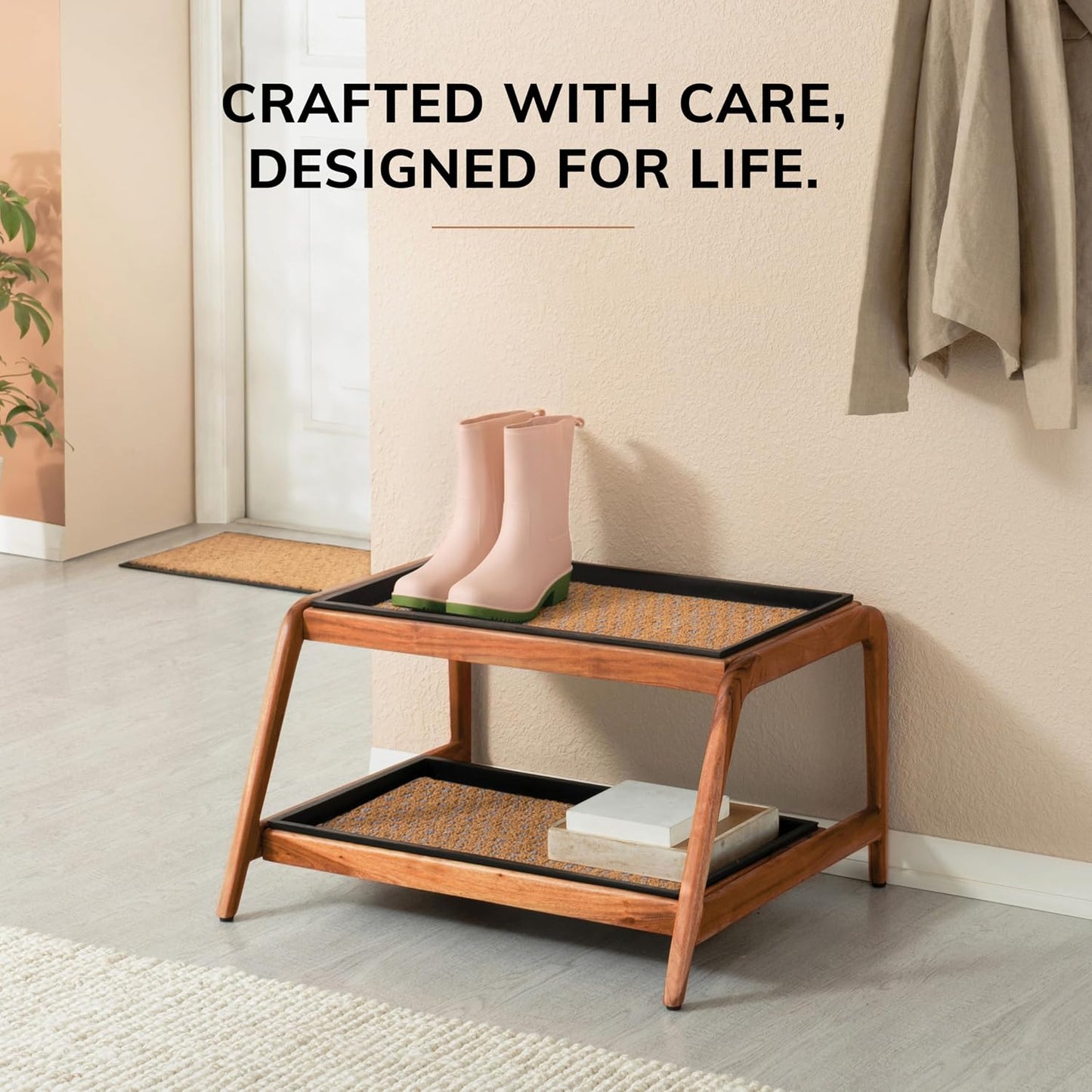 Anji Mountain Heavy Duty Waterproof Wooden Shoe Storage Mat Organizer/Boot Storage Tray Multi Use for Entryway with Coir, Tan Rectangle Embossed Insert, 1 Tier, Fits 2 Pair (26.5" Wide)
