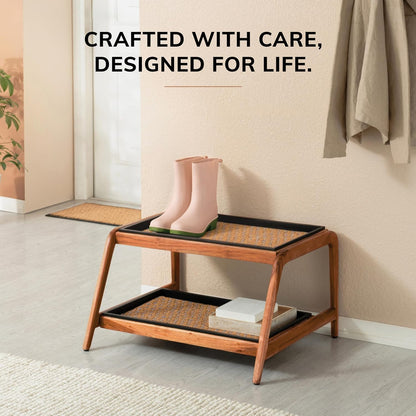 Anji Mountain Heavy Duty Waterproof Wooden Shoe Storage Mat Organizer/Boot Storage Tray Multi Use for Entryway with Coir, Tan Rectangle Embossed Insert, 1 Tier, Fits 2 Pair (26.5" Wide)