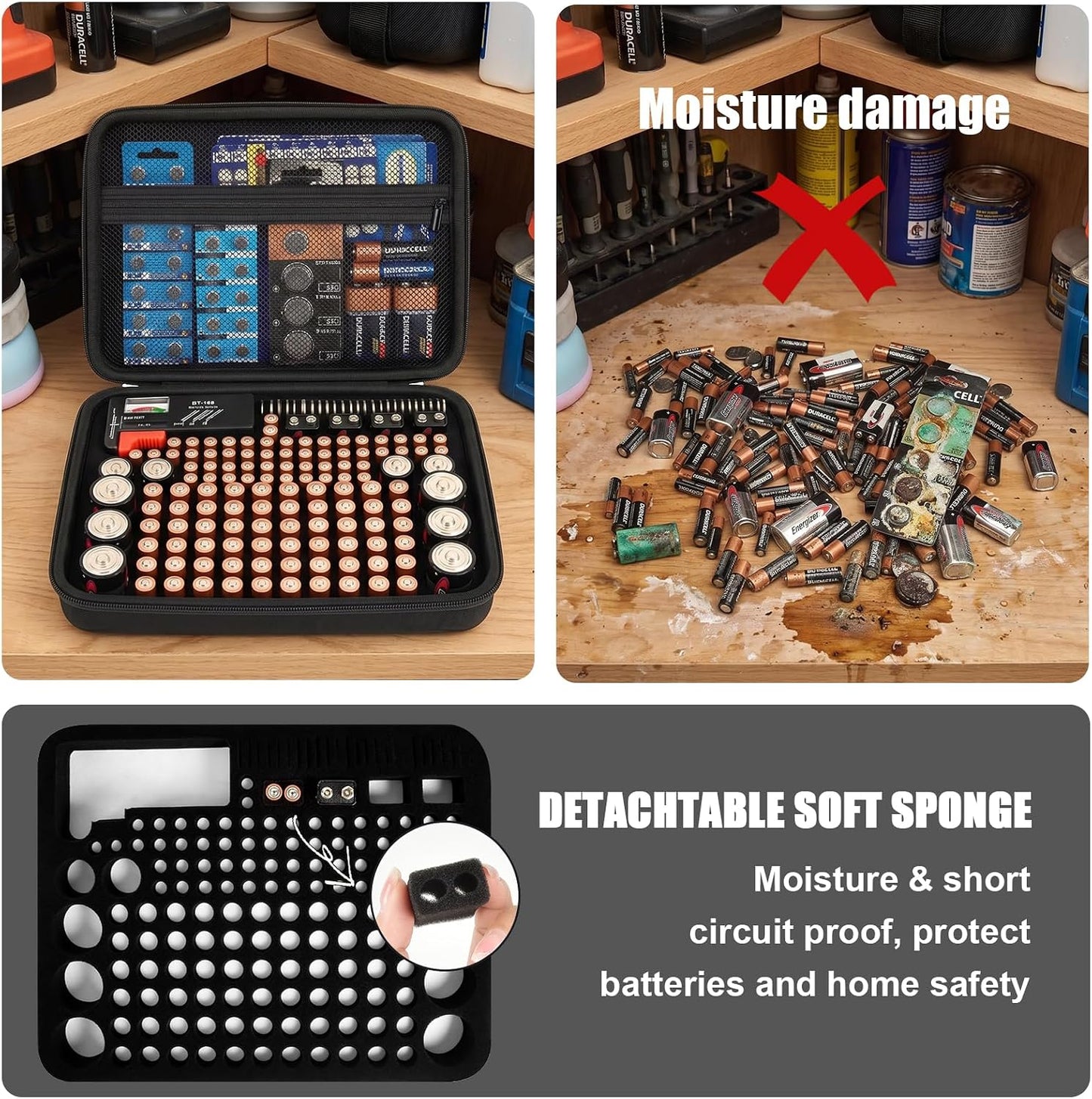 Comecase Battery Storage Case with Tester, Holds 148+ AA AAA C D 9V, Black | Hard-Shell Design, Carry Handle and Custom Foam Slots Keep Batteries Visible, Separated and Ready for Home, Garage or Office