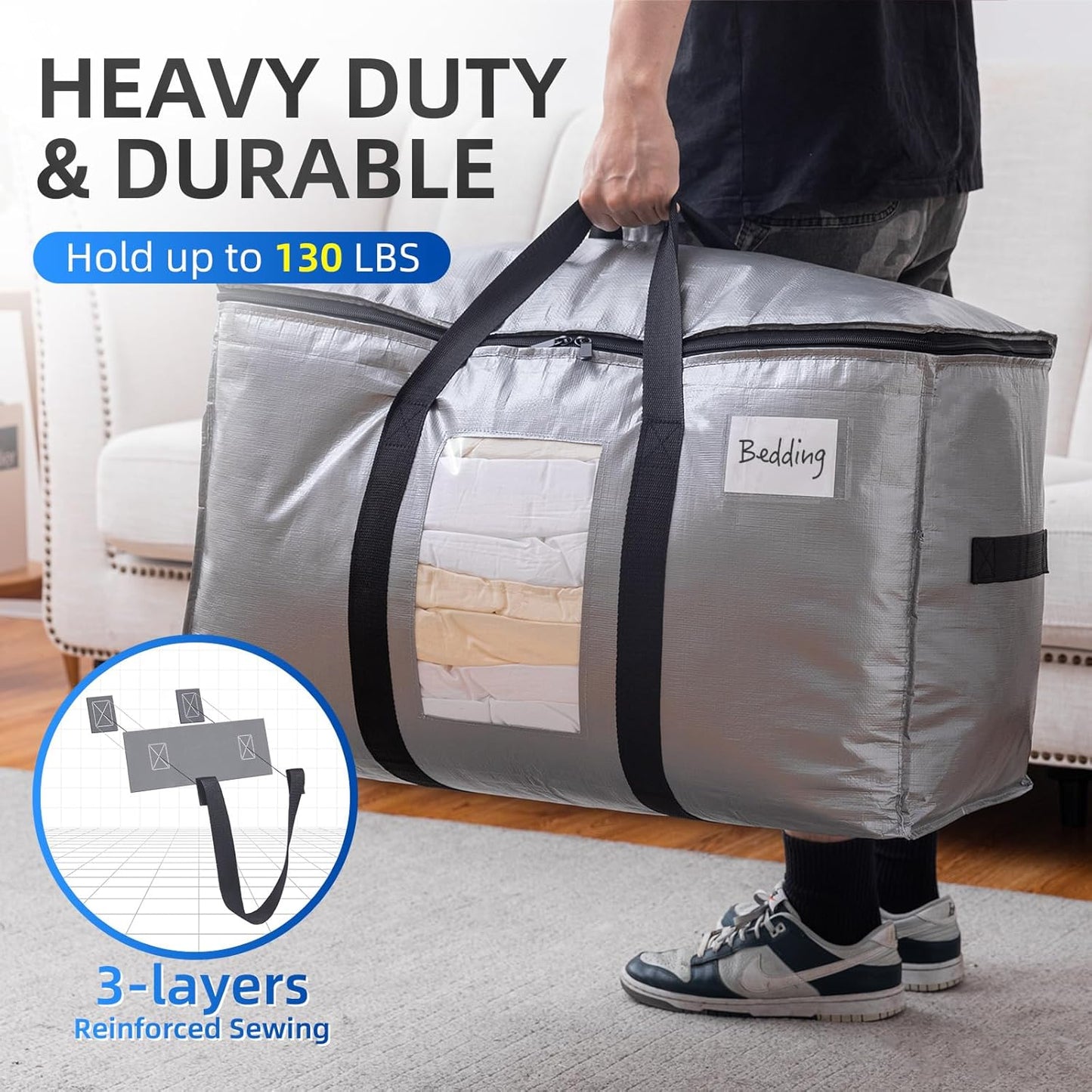 TAILI Extra Large Moving Bags, 4 Pack Blue Heavy Duty Totes For Storage with Visible Window, Wrap Around Handles, Storage Bags for Space Saving, Alternative to Moving Boxes
