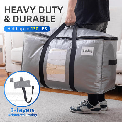 TAILI Extra Large Moving Bags, 4 Pack Blue Heavy Duty Totes For Storage with Visible Window, Wrap Around Handles, Storage Bags for Space Saving, Alternative to Moving Boxes