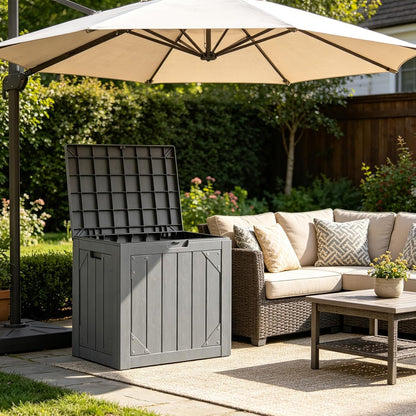 Outdoor Storage Box, 98 Gallon Deck Box, Outdoor Storage Bench, Waterproof Resin Storage Bench with Lockable Lid, Patio Furniture Cushions & Garden Tools Storage, UV Resistant (Black)