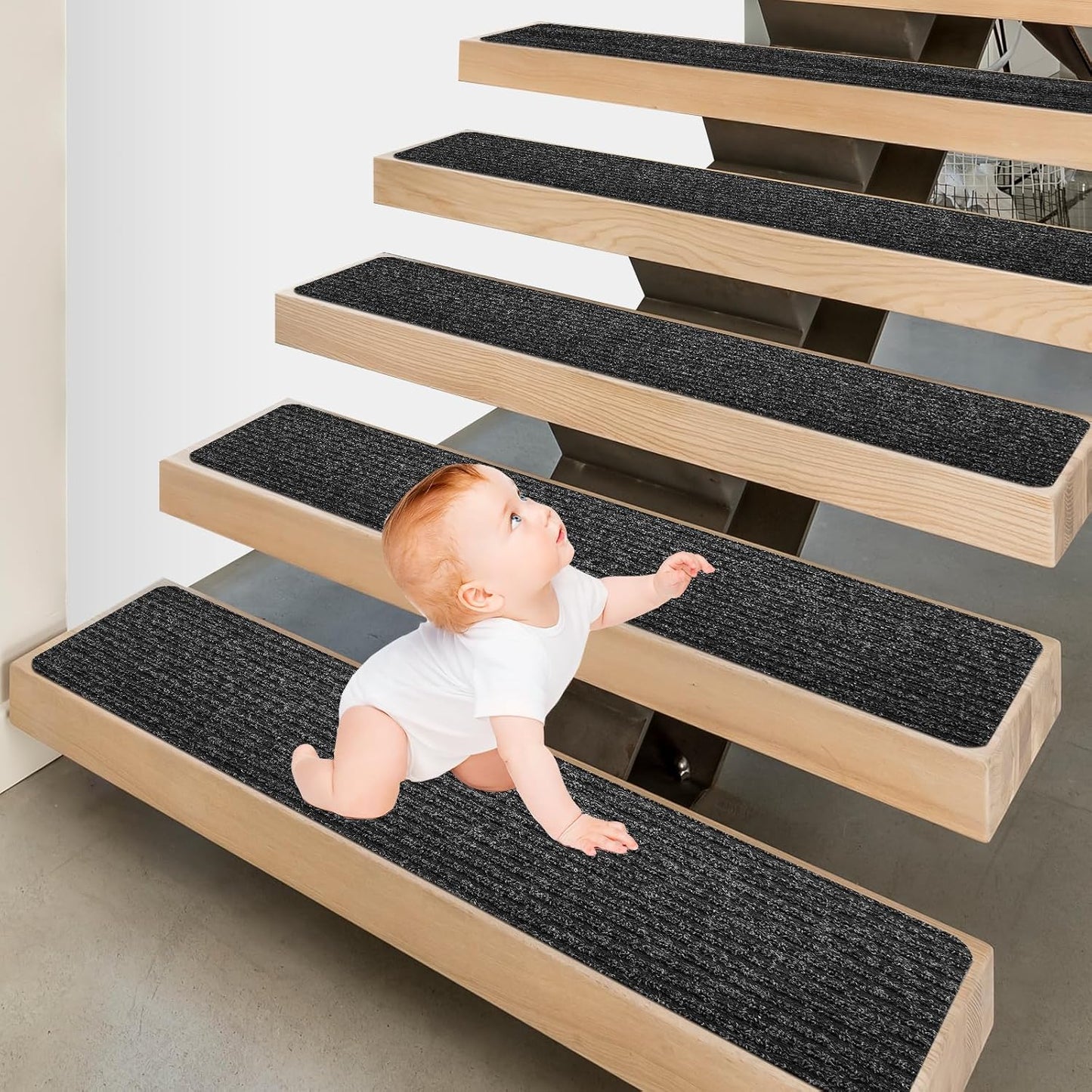 15 Pack 8 "X 30" Non-Slip Carpet Stair Treads for Indoor Wooden Steps, Made of Polyester and Reusable Adhesive, Suitable for Kids Elders and Pets（Black Lines）