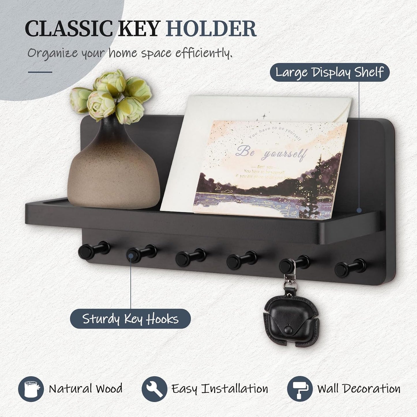 Nekon Key Holder for Wall with Shelf, Pine Wooden Key Hanger Wall Mounted, Farmhouse Wall Organizer for Home Entryway & Apartment (Standard, Wood)