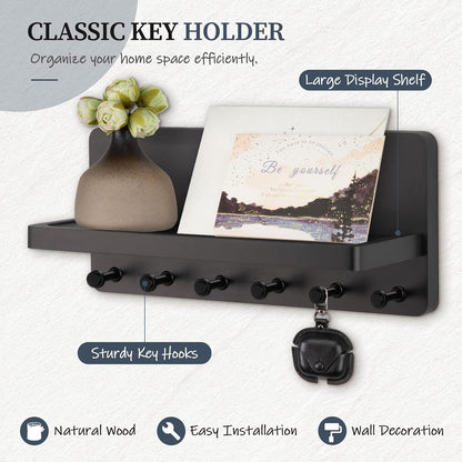 Nekon Key Holder for Wall with Shelf, Pine Wooden Key Hanger Wall Mounted, Farmhouse Wall Organizer for Home Entryway & Apartment (Standard, Wood)