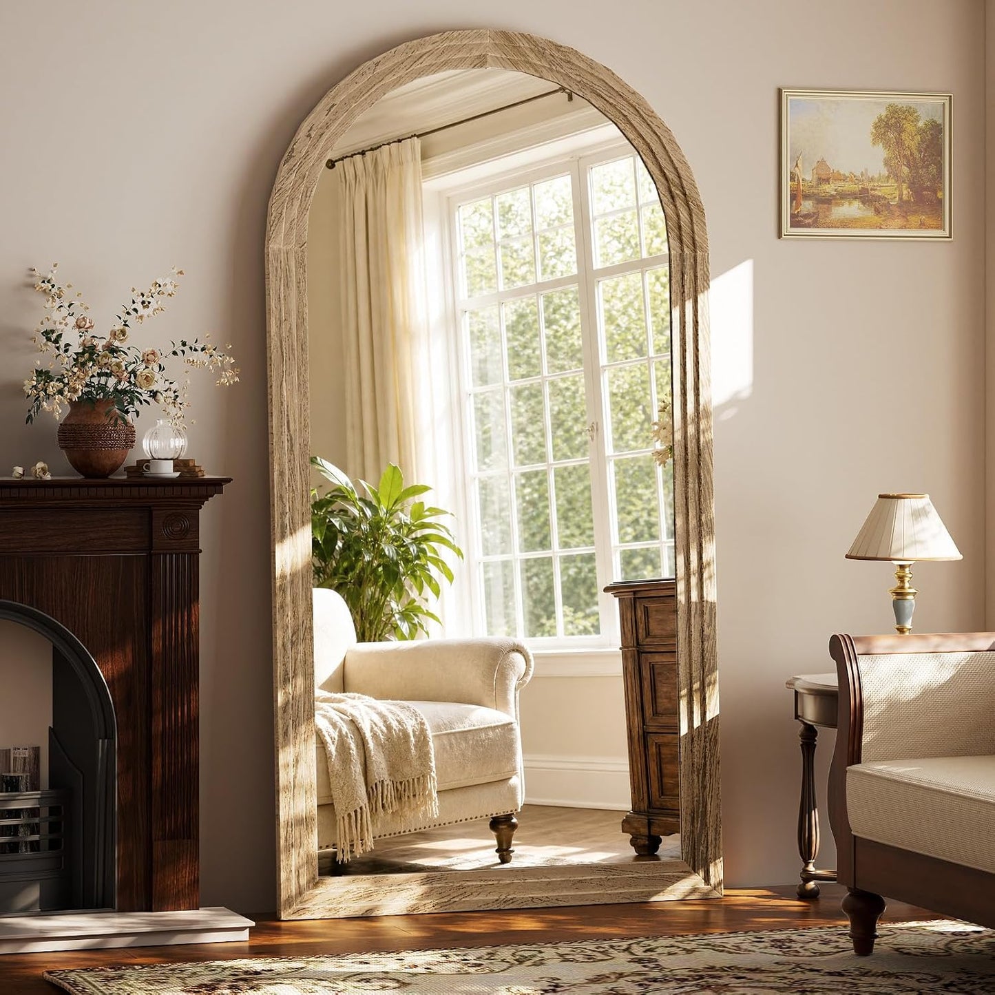 XRAMFY Full Length Mirror 65" x 22", Arched Large Floor Mirror with Solid Wood Frame, Freestanding & Wall Mounted, Antique Brown Finish for Bedroom Living Room