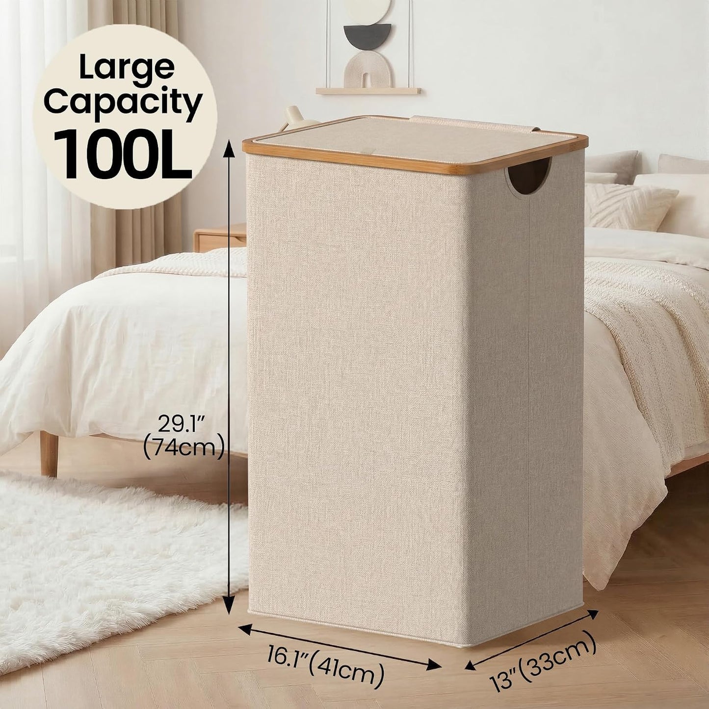 efluky Slim Laundry Basket with Lid, Narrow Laundry Hamper with Removable Bag, Skinny Dirty Clothes Basket with Bamboo Handles for Bathroom, Bedroom & Laundry Room, 75L Beige
