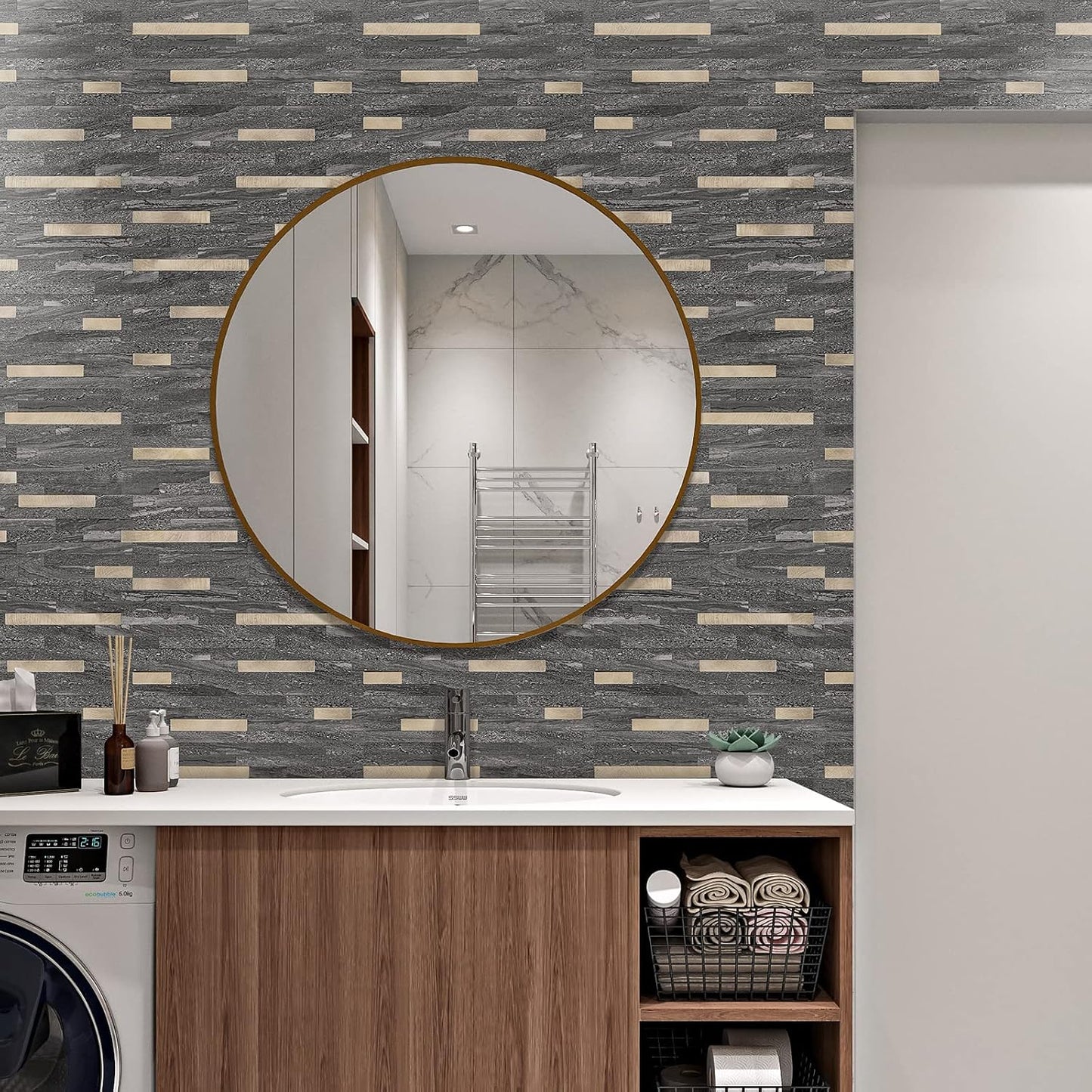 STICKGOO 20 Sheets Peel and Stick Backsplash Tile, Stick on Backsplash for Kitchen and Bathroom, White Sandstone Look PVC Mixed Metal Gold Self Adhesive Wall Tiles
