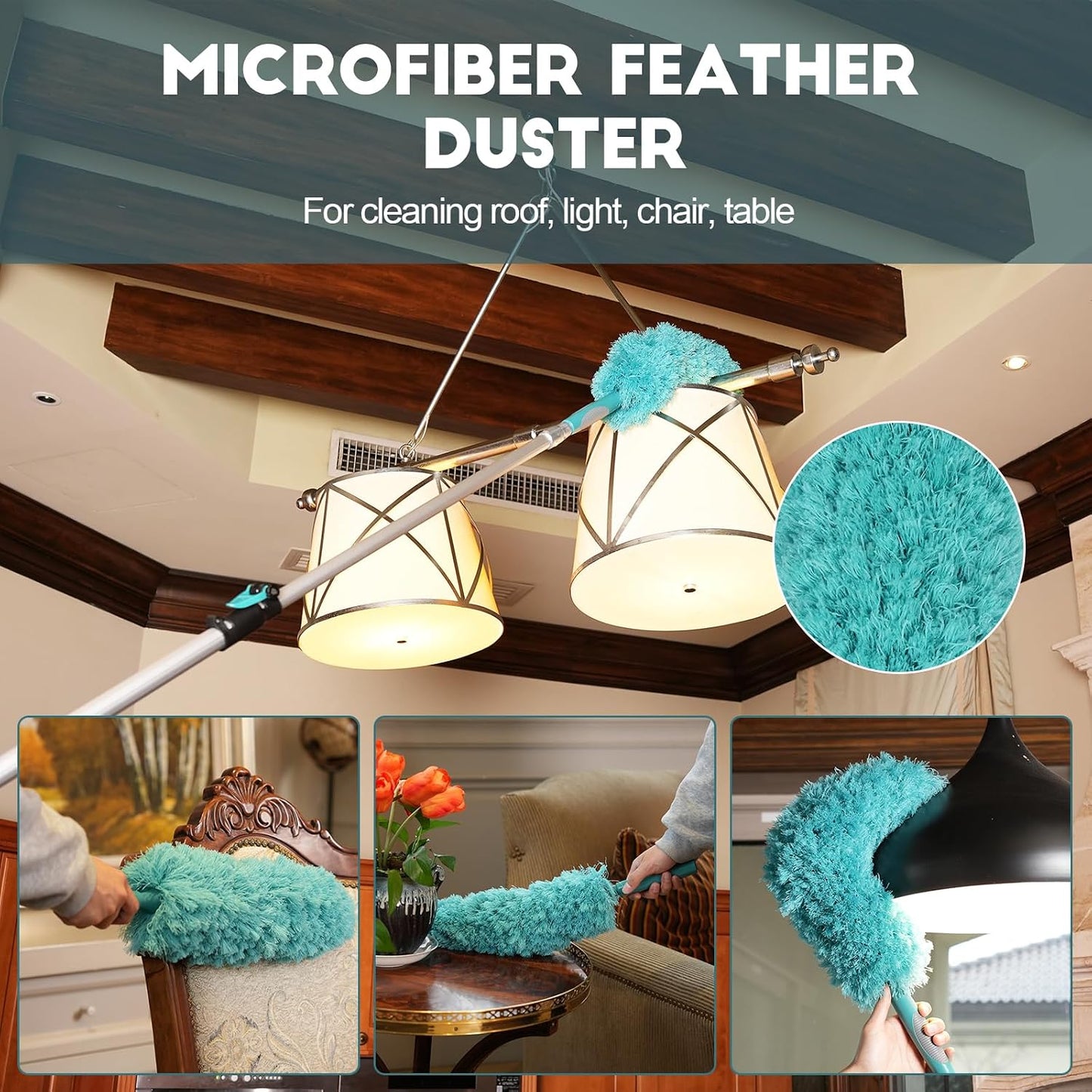 TelesPro 20 Foot High-Reach Duster Kit with 5-12FT Extendable Pole - High Ceiling Duster Cleaning Kit with Telescopic Pole,Cobweb Duster, Chenille Ceiling Fan Duster, Microfiber Feather Duster