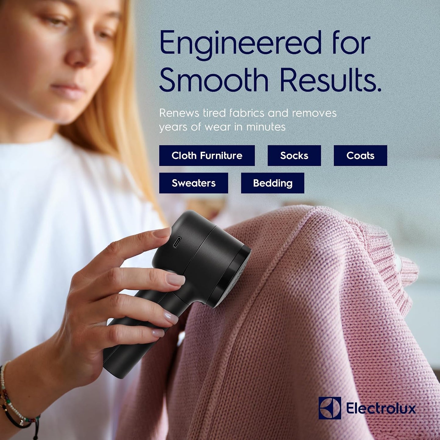 Electrolux Rechargeable Fabric Shaver | Compact Travel Lint Remover for Clothes & Furniture | Eliminates Fuzz & Pilling | 3-Speed Electric Lint Shaver with Type-C Fast Charging Port - Blue
