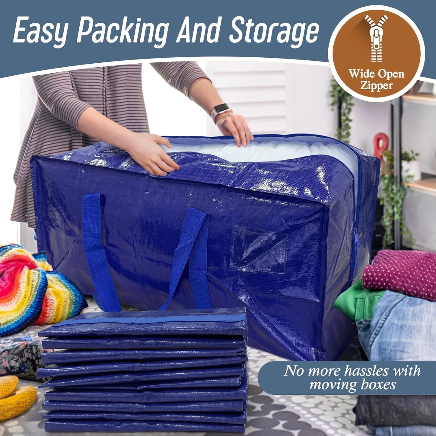 6 Pack Extra Heavy Duty Large Moving Bags with Strong Zipper & Comfortable Handles, Sturdy & Durable Clothes Storage Bags Totes Bins, Blue Packing Moving Boxes for College Supplies, Dark Blue