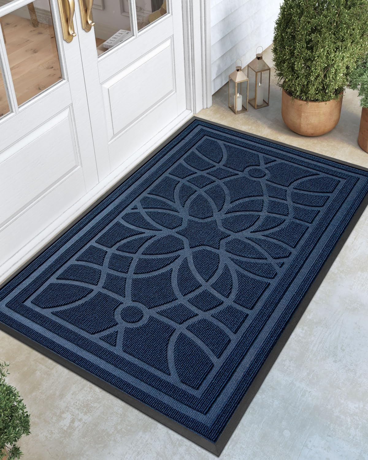 DEXI Front Door Mat Outside Entrance, Heavy Duty Non Slip Low Profile Doormat for Entryway, Trap Dirt and Moisture Welcome Mats, Easy Clean, Patio, Garage, 3x2, Blue