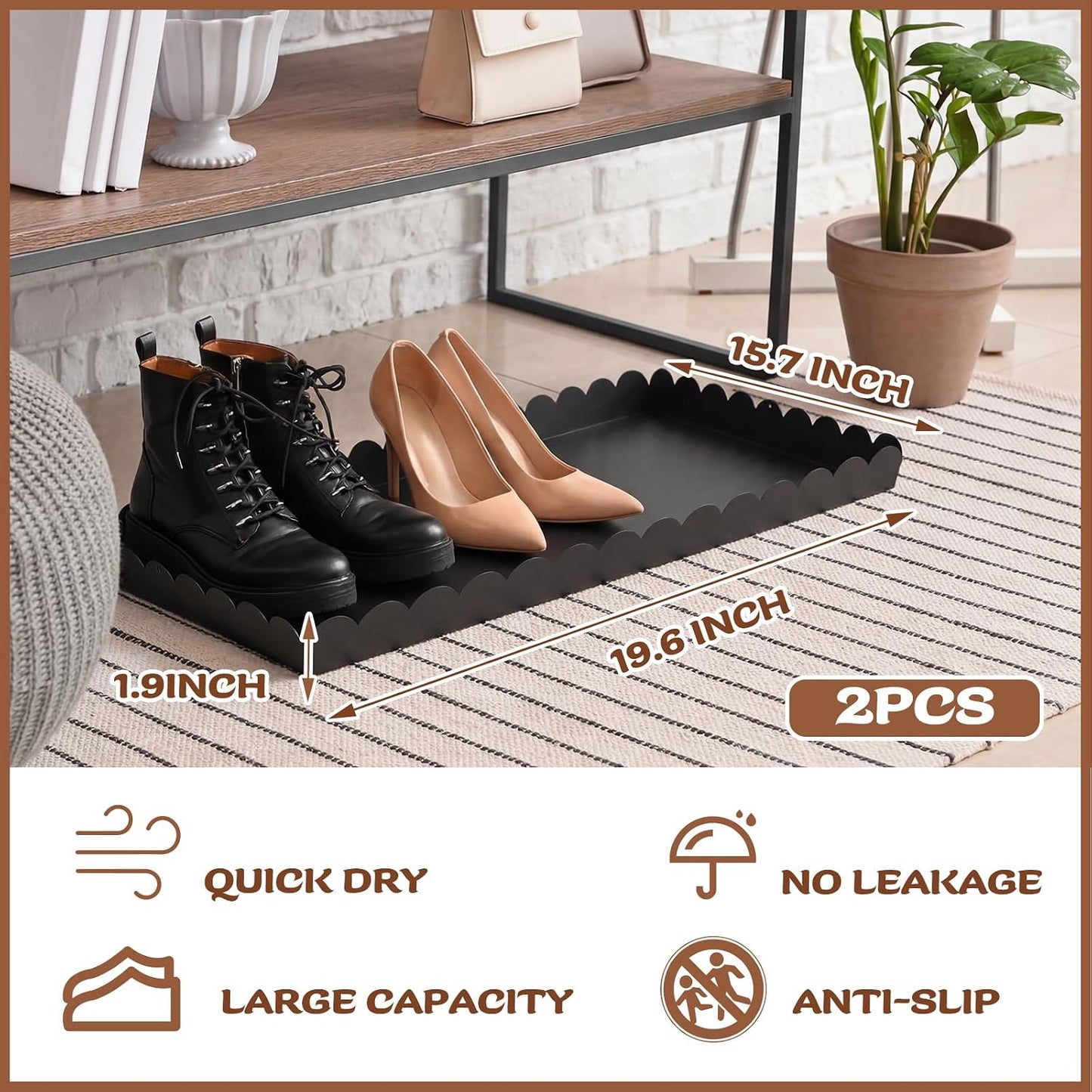 Maxdot 2 Pack Scalloped Iron Boot Tray for Entryway Indoor, Heavy Duty Shoe Mat 19.7" x 15.8" Waterproof Shoes Trays for Front Door Outdoor Multipurpose Mats for Boots, Pets, Plants