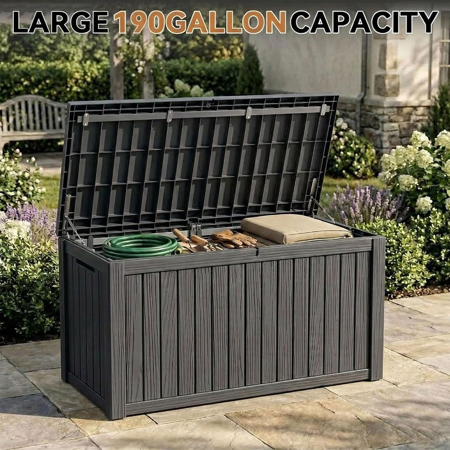 60 Gallon Outdoor Waterproof Storage Box, UV Resistant Resin Deck Box with Built-in Handle, Outdoor Storage Container for Patio Furniture, Garden Tools, Patio Cushions, Black