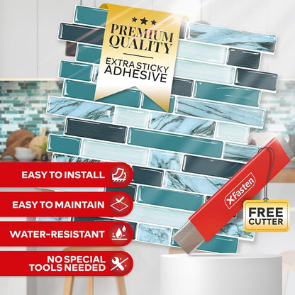 XFasten Kitchen Backsplash Sticky Tiles 10pcs 12” x 12” w/Mini Cutter Teal Peel and Stick Tile Backsplash for Kitchen, Shower, and Bathroom | Waterproof Back Splashes for Kitchens Peel and Stick