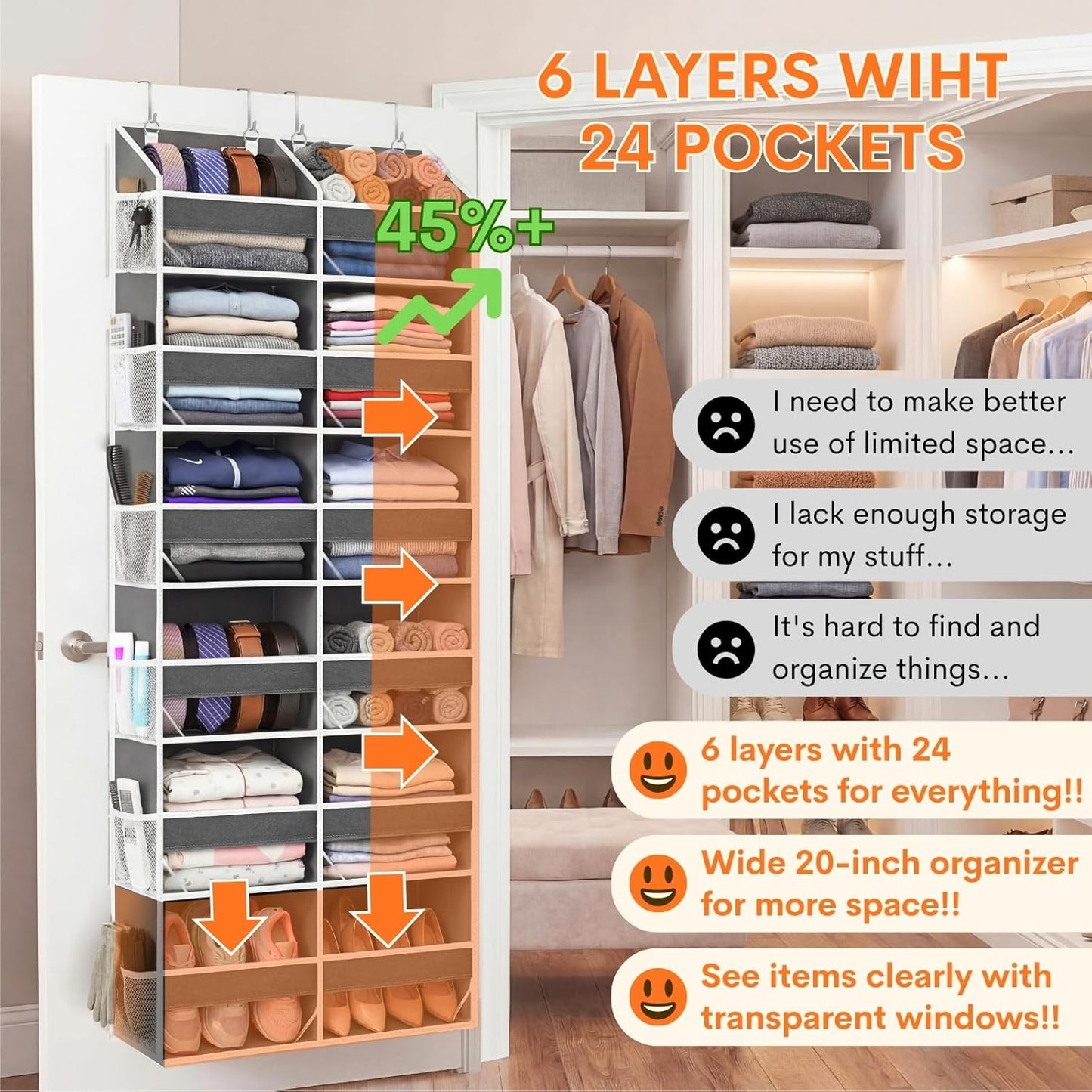 Over The Door Organizer, 5-Tier Extra Large Behind Door Storage with 10 Big Front & 10 Mesh Pockets, 80lb Capacity, Hanging Storage Organizer with Clear Window Kids Toys, Shoes, Diapers, Light Grey