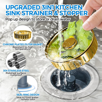 Sink Drain Strainer - Sink Stopper Kitchen Drain, 3 in 1 Kitchen Sink Drain Strainer with Anti-Clogging Basket, Kitchen Gadgets Clearance Sink Accessories, Fit US Standard 3-1/2'' Sink Hole, Silver