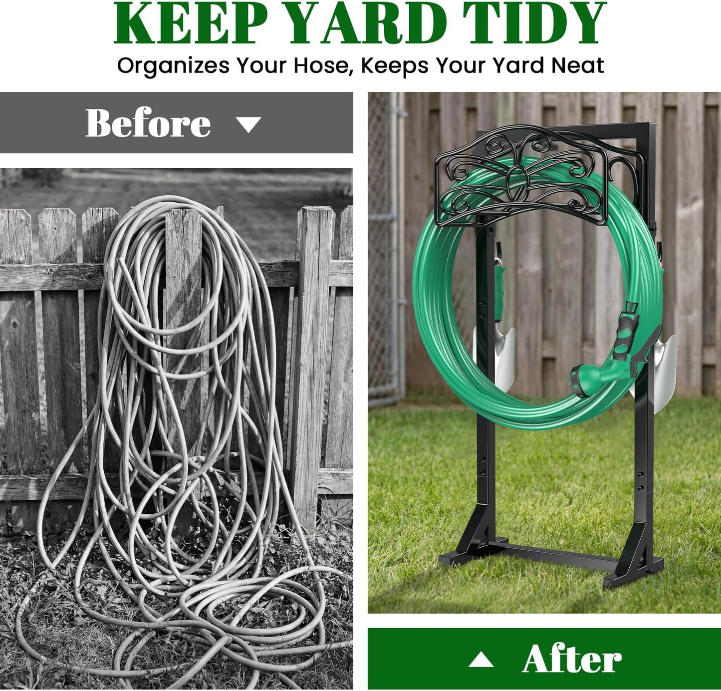 Sunvigor Garden Hose Holder, Heavy Duty Metal Hose Stand with 4 Spikes, Holds Up to 150FT Hose, No Drill Freestanding Hose Reel Alternative for Yard Lawn Outdoor