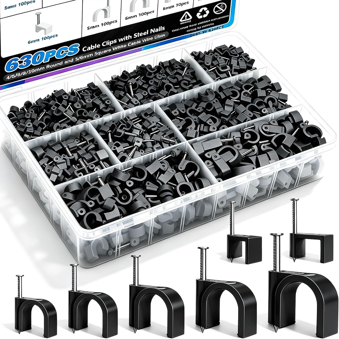 mxuteuk 630PCS Cable Clips with Steel Nails,4/5/6/8/10mm Round and 5/6mm Square White Cable Wire Clips,Wall Clips for Cords,Cable Cord Clips for RG6 RG59 CAT6 RJ45