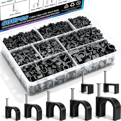mxuteuk 630PCS Cable Clips with Steel Nails,4/5/6/8/10mm Round and 5/6mm Square White Cable Wire Clips,Wall Clips for Cords,Cable Cord Clips for RG6 RG59 CAT6 RJ45