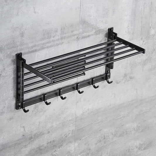 Laundry Clothes Drying Rack, Wall Mounted Swivel Towel Rack with Hooks and Swing Arms, Space Saver in Laundry Room and Bathroom, Space Aluminum