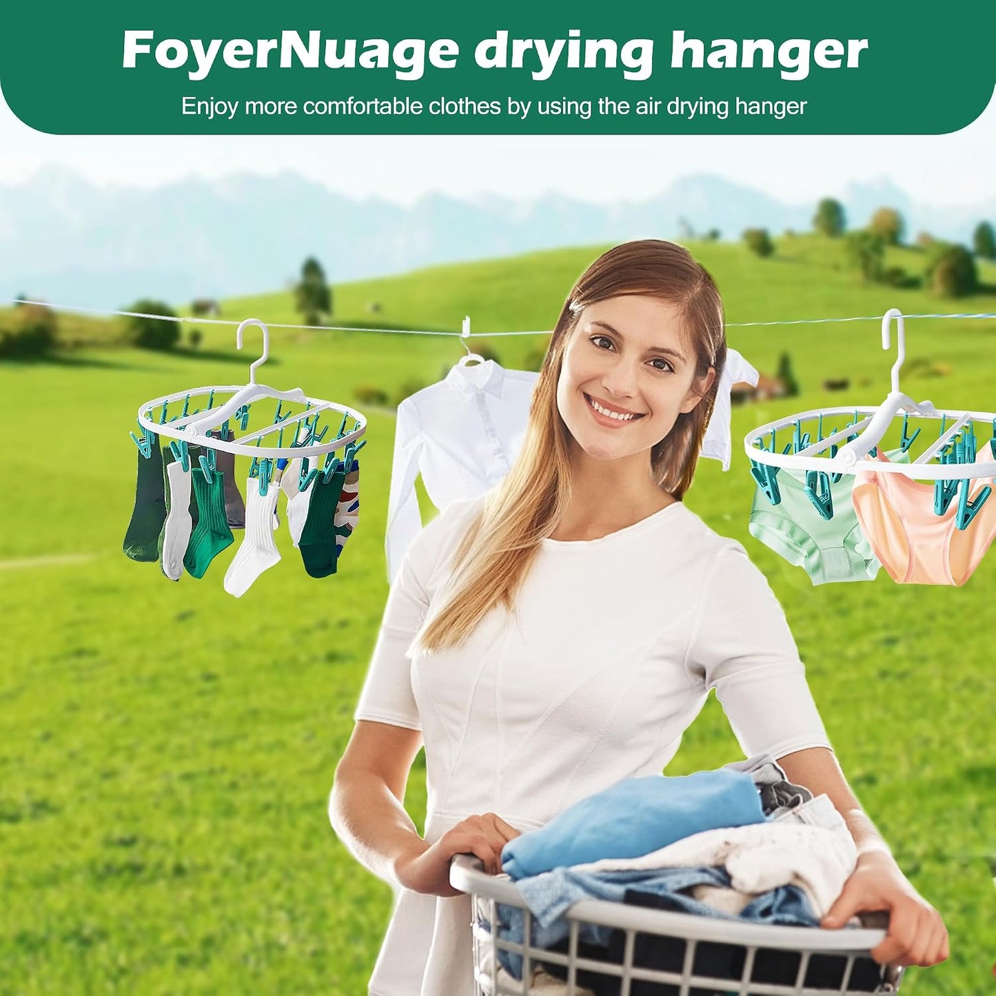 Plastic PP Drying Hanger, Anti-Rusty Drying Rack for Clothes, Socks, Lingeries, Delicates, Drying Hanger with 32 Clips for Baby Clothes, Towels