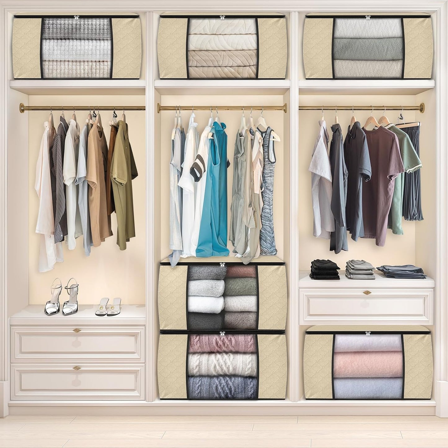 Fab totes 6 Pack Storage Bags for Clothes and Blanket, Foldable Closet Organizers and Storage with Zippers, Clear Window and Handles, Fabric Storage Bins for Sweater, Comforter, Bedding,Linen Sheets