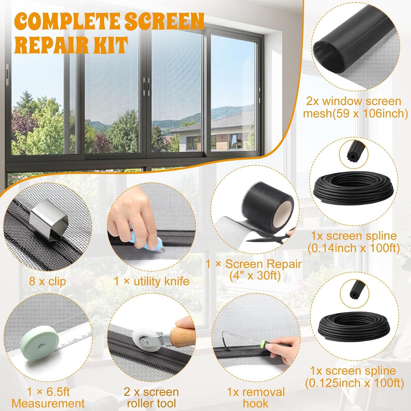 18 Pcs 48"x118" Window Screen Repair Kit Included 2 Rolls Fiberglass Mesh 4"x30ft Screen Repair Tape 8 Clips with Spline, Double Wheel Roller, Hook, Measuring Tape, and Cutter for Door Window